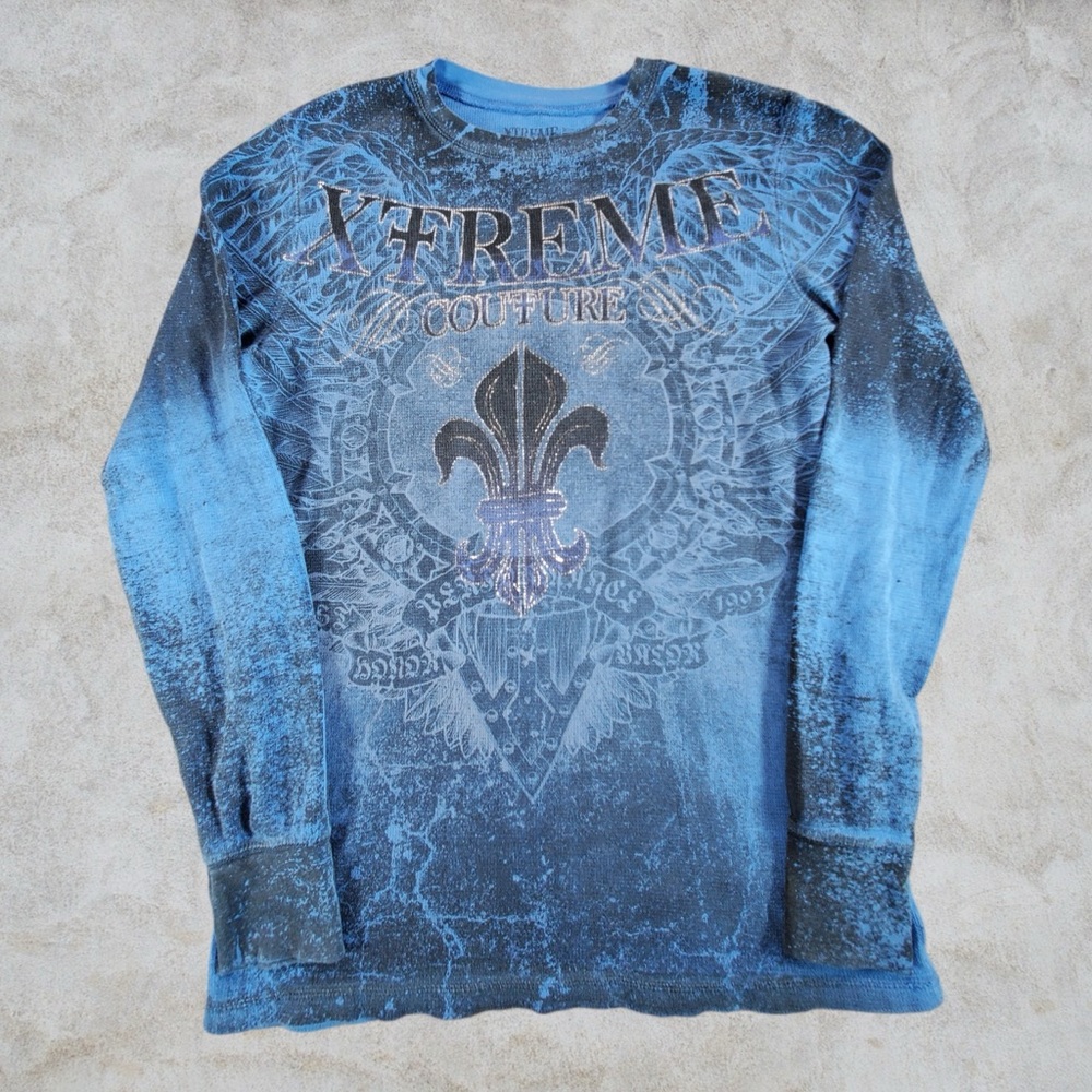 Xtreme Couture Thermal Shirt Men Medium Blue Y2K Grunge Cyber Mallgoth Emo 2000s